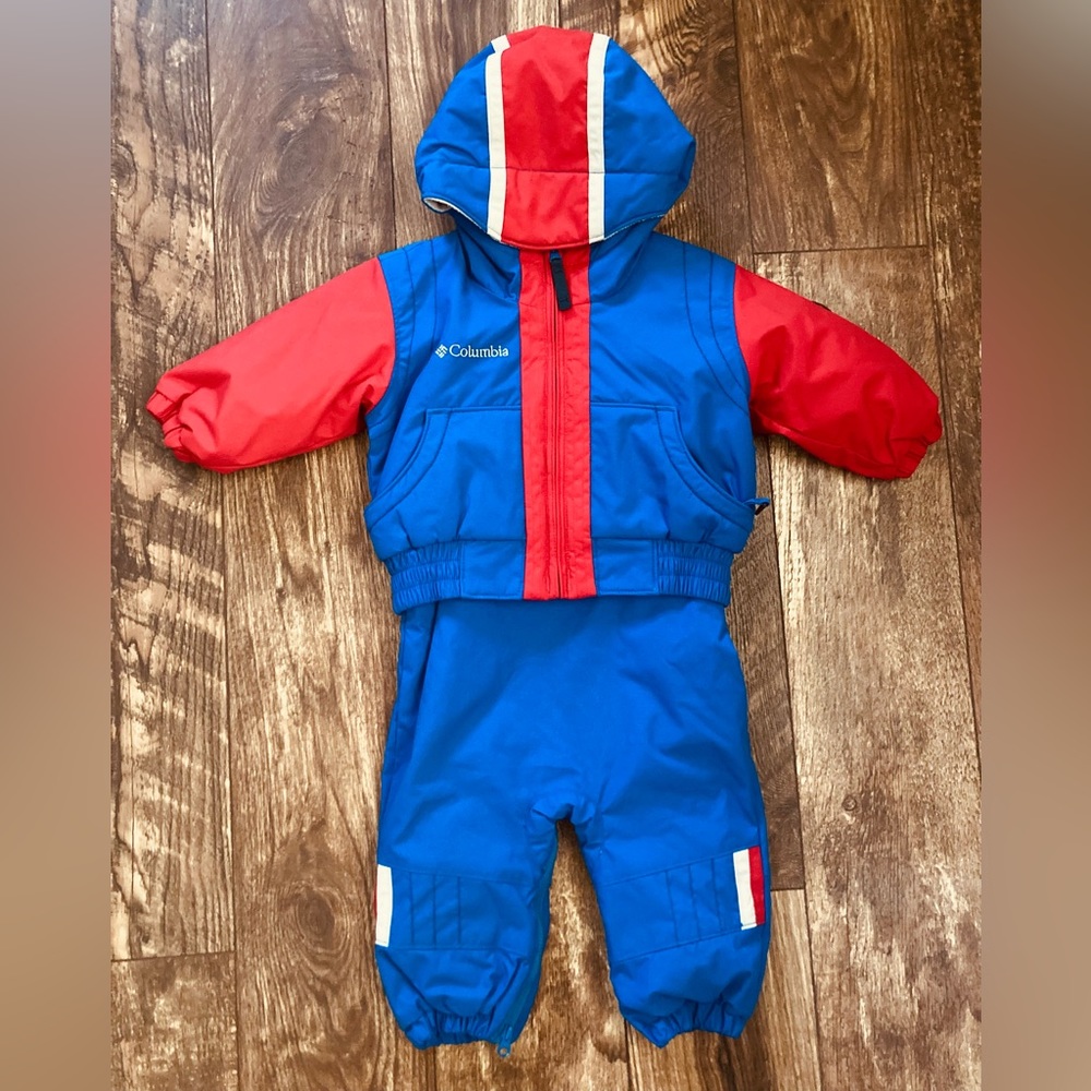Columbia red, blue and gray infant boys snow suit. With blue bibs. 12 months.